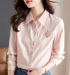 Women's Blouses Embroidered Single Breasted Stripe Shirt 2023 Autumn Fashion Loose Casual Long Sleeve Blouse Office Lady Workwear Cotton Top