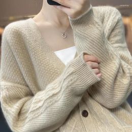 Women's Sweaters Autumn And Winter 100 Pure Cashmere Cardigan V Collar Jacquard Ribbon Pocket Baggy Coat Sweater Wool Knitted Bottomi