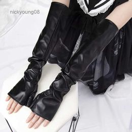 Fingerless Gloves Black Sexy Long Fingerless Gloves Pu Leather Punk Rock Gloves Hip Pop Jazz Disco Bright Mittens Clubwear Dance Cosplay CostumesL231017