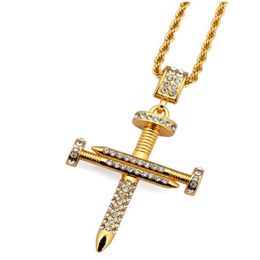 Nail Cross Necklace Pendants Gold Colour Bling Bling Jewellery for Men Women Hip Hop Charm Rope Chains292w