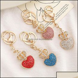 Keychains Lanyards Keychains Fashion Accessories 4 Colors Diamond Love For Women Heart Crown Keychain Creative Peach Bag Pendant Dhv Dhwtg