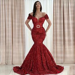 Sexy Red Sequins Evening Dresses deep v neck Long Off The Shoulder Mermaid Women Formal Prom Night Party Gowns Belt Met Gala Soiree