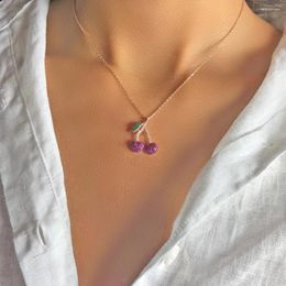 Pendant Necklaces Rose Gold Color Green Purple Cz Fruit Cherry Charm Necklace Delicate Fashion Jewelry For Women Girls 41 5cm Extend Link