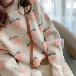 Women's Sweaters Peach Strawberry Sweater Women Winter 2023 Loose Thick Warm Pullover Casual Korean Cute O-neck Jumper Knitted Tops