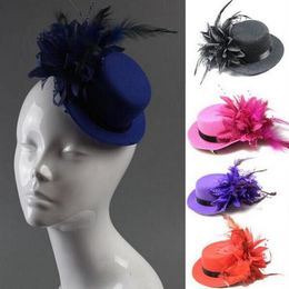 20pcs mixed Colours Lady's Mini Hat Hair Clip Feather Rose Top Cap Lace fascinator Costume Accessory The bride headdress Plume220u