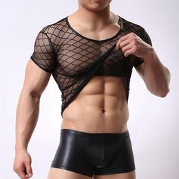 T-shirt Men Sexy Transparent Sheer See Through Mesh short Sleeve T shirt Tops Undershirt Fitness Slim Funny Tee Shirts Homme205G