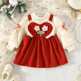 Girl Dresses Autumn Girls' Party Princess Lolita Skirt Bubble Sleeve Love Flower Splice Fake Two Piece Long