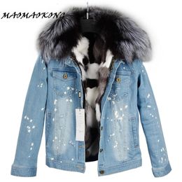 Women's Knits Tees Real Fur Lining Denim Jacket Coat Parkas100 Large Raccoon Collar Women Winter 231016