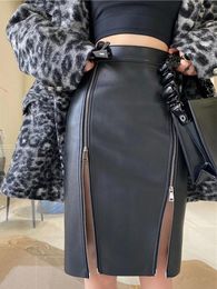 Skirts Vintage Black Faux Leather Midi Skirt Women Fashion Double Zip Matte PU Party Office Lady Straight Hem Split Custom