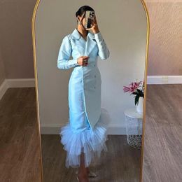 Party Dresses Meetlove Lapel V Neck Buttons Prom For Saudi Arabia Women Wear Long Sleeve Evening Dress Tiered Tulle Wedding Guest