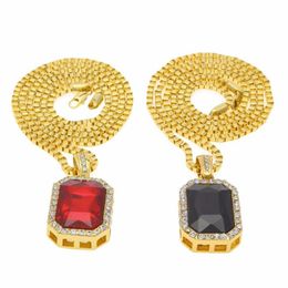 Micro Ruby Red Black Square Pendant set 2 4mm 24 Box Chain Gold Tone Iced Out Necklace hiphop gold chains for men women276p