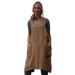 Casual Dresses Women Cotton Linen Apron Sleeveless Home Cooking Cleaning Cover Florist Dress Female194I