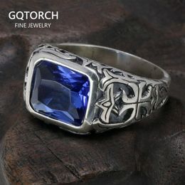 Real Pure 925 Sterling Silver Rings For Men Blue Natural Crystal Turquoise Stone Mens Ring Vintage Engraved Flower Fine Jewelry 21265R