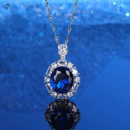 Pendant Necklaces Fashion Cut Sapphire Female Necklace Blue Zircon Gemstones With Anti Allergy Metal Chain