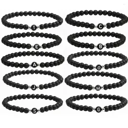 Strand 26 Letters Beads Bracelet Matte Black Natural Stone A-Z Initial Alphabet Bangle For Men Women Friends Couple Lovers Jewellery