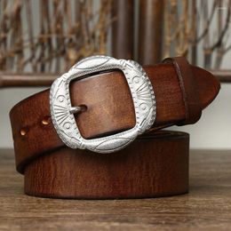 Belts 3.8CM Retro Lucky Cowskin Genuine Leather Belt Alloy Carved Buckle Men's Style Head Luxury Designer Cowboy Jeans