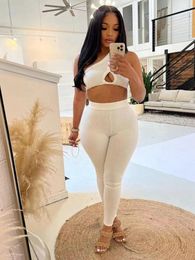 Women's Two Piece Pants Black White Women Fitness 2 Matching Sets One Shoulder Sleeveless Tank Crop Top And Slim Fit Legging Club Outfit