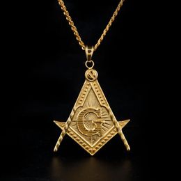 Mens Stainless Steel Masonic Illuminati Symbol 24K Gold Plated Mason Pendant with 24 27 5 Cuban Chain Necklace Hi252j