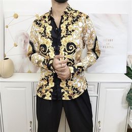 High Street Luxury Royal Gold Printed Shirt Men Long Sleeve Floral Baroque Designer Shirt Men Vintage Party Banquet Souvenir X06113153