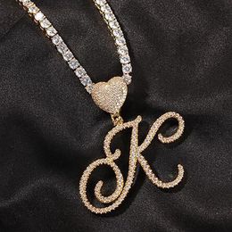 Iced Out A-Z Cursive Writing Letters Pendant Necklace Love Heart Hoop Charm with 24inch Rope Necklaces Zirconia Hiphop Jewelry316g