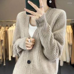 Women's Sweaters 23 Autumn And Winter 100 Pure Cashmere Cardigan V Collar Striped Loose Versatile Coat Sweater Wool Knitted Top