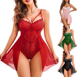 Sexy Set Hollow Bra Lingerie For Woman Transparent Porno Teddy Costumes Babydoll Lace Dress Plus Size Underwear Crotchless Sleepwear 231017