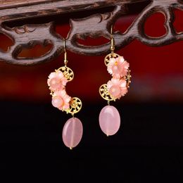 Dangle Earrings BOEYCJR Ethnic Natural Pink Stone Bead Flower Shape Fashion Jewellery Gold Colour Drop For Women