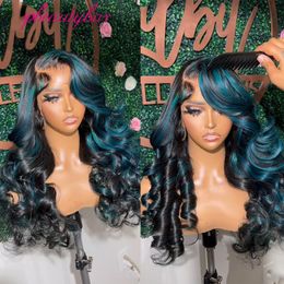 Blue Highlight Body Wave Wig 180% Transparent Lace Front Human Hair Wigs Pre Plucked Wavy Black/Grey/yellow Synthetic Cosplay Wigs for Women