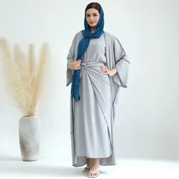Ethnic Clothing Summer 3 Piece Abaya Set Sleeveless Dress Mid Wrap Skirt Kimono Cardigan Islamic For Women Dubai Muslim Modest Outfit