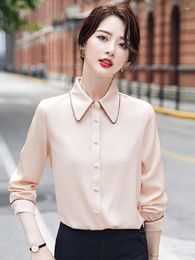 Women's Blouses Korean Fashion Spring Autumn 2023 Women Apricot Shirt Turn Down Collar Simple Elegant Blouse Red Versatile Professional Tops