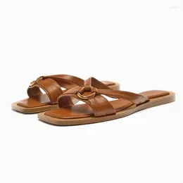 Sandals 2023 TRAF Leather Flat For Women Chic Brown Strappy Slippers Casual Outside Slides Shoes Female Sexy Flip Flop
