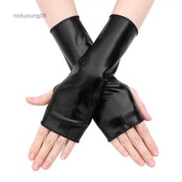 Fingerless Gloves Short Fingerless Full Fingers Black Patent Leather Gloves Halloween Dress Up Punk Cos Hip-Hop Dance Leather Lolita GlovesL231017