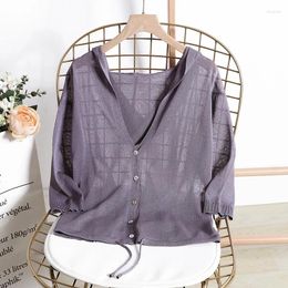 Women's Knits Linen Knitted Hooded Air Conditioning Shirt Summer Korean Style Loose Pure Colour Tied Sun Protection Cardigan Small Coat