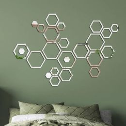 Wall Stickers Hexagon 3D Mirror stickers Living room Bedroom Creative Self adhesive decoration Honey comb Waterproof Home decor 231017