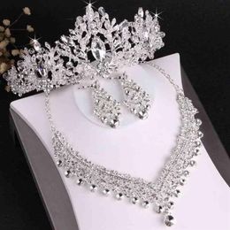 KMVEXO Luxury Heart Crystal Bridal Sets Wedding Rhinestone Crown Tiara Earrings Choker Necklace African Bead Jewellery Set259G