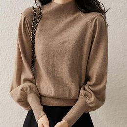 Women's Sweaters Autumn Winter Office Lady Solid Colour Half High Collar Basic Knitted Jumpers Korean All-match Loose Clothing