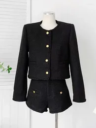 Women's Tracksuits Autumn Tweed Suit Blazer Women Two Piece Set Double Breasted Cropped Sets High Waist Shorts Female Jacket Suits