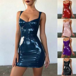 Womens Sexy Backless Club Party Short Dress Solid Black Wet Look Latex Bodycon Faux Leather Push Up Bra Mini Micro Dress Leotard304o