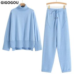 Women's Tracksuits GIGOGOU Oversized Women Turtleneck Sweater Tracksuits 2/Two Pieces Sets Winter Thick Knitted Pullovers Peg Fly Pants Suits 231016