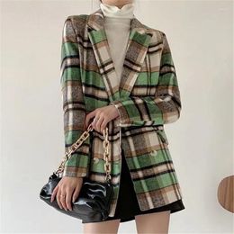 Women's Suits Elegant Women Green Plaid Woollen Coats 2023 Fashion Ladies Double Breasted Blazers Streetwear Female Chic Pocket Jacket