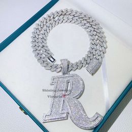Initial R 3&quot; Width Solid Hand Setting Moissanite Diamond Vvs Custom Pendant With 13Mm Cuban Chain