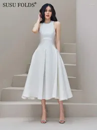 Casual Dresses SUSU White Embossing Dress Diamonds Round Neck Sleeveless Party Midi Length Elegant Formal Women Clothes Autumn 2023 NH-A058