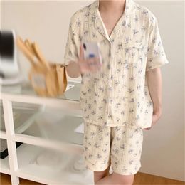 Men's Sleepwear Korean Style Floral Printed Short Sleeve Shorts Suit Cotton Summer Pajama Set Home Clothing Men Boy Gift