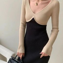 Casual Dresses Knit Dress For Women V Neck Sexy Slim Long Sleeve Ladies Party Sweater Elegant Vintage Hip Wrap