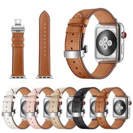 Apple Watch Genuine Leather Bracelet Butterfly Clasp Strap Belt 38/40/41mm 42/44/45/49mm for iWatch Series ultra 9 8 7 6 5 4