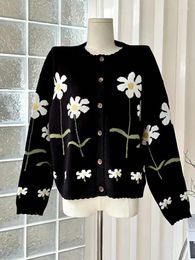 Women's Knits Harajuku Design Women Black Pullover O-Neck Sweater Autumn Winter Floral Bohemian Cardigan Long Sleeve Soft Fashion Jumper