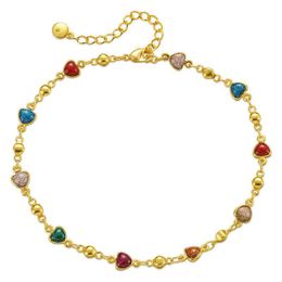 Real 18k Yellow Gold Plated Colorful Stone Heart Anklet for Women for Summer Beach Party Charming Women Foot Anklet Jewelry