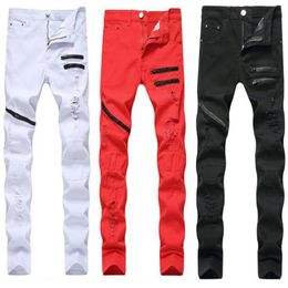 Men's Jeans Man Ripped Hole Straight Brand Denim With Contrast Color Fashion Casual Zipper Male Pants Slim Trousers Black Whi251e