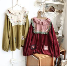 Women's Blouses 122cm Bust / Spring Autumn 2023 Women Mori Kei Girls Loose Embroidered Patchwork Comfortable Corduroy Cotton Shirts/Blouses