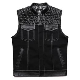 Men's Jackets SOA Club Style Motorcycle Leather Vest Men Cowhide Denim Patchwork Waistcoat Biker Vests Man Sleeveless Jacket 231016